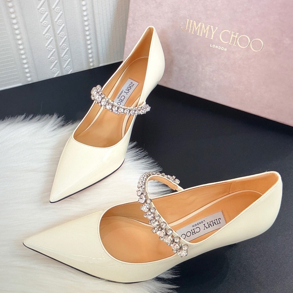 Jimmy Choo Off-White Bing Pumps 85 Heels with Crystal Strap - Picture 2 of 9